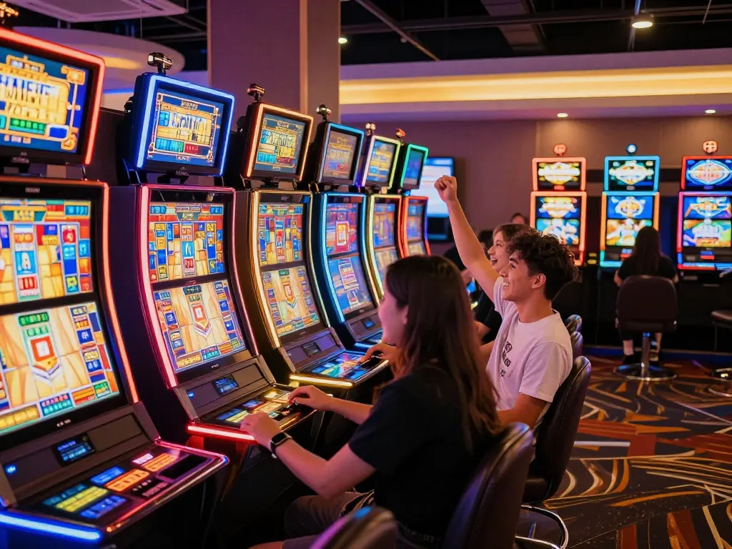 Excited players enjoying the HELLO88 slot machines in a vibrant casino atmosphere, celebrating wins.