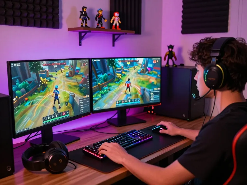Player engaged in immersive gaming on multiple screens with vibrant RGB lighting in a cozy nook at https://rikviprent.com.