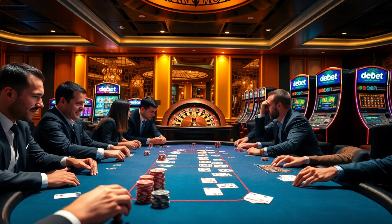 Players engaging in an exciting poker game at a vibrant casino table featuring debet betting slips and colorful chips.