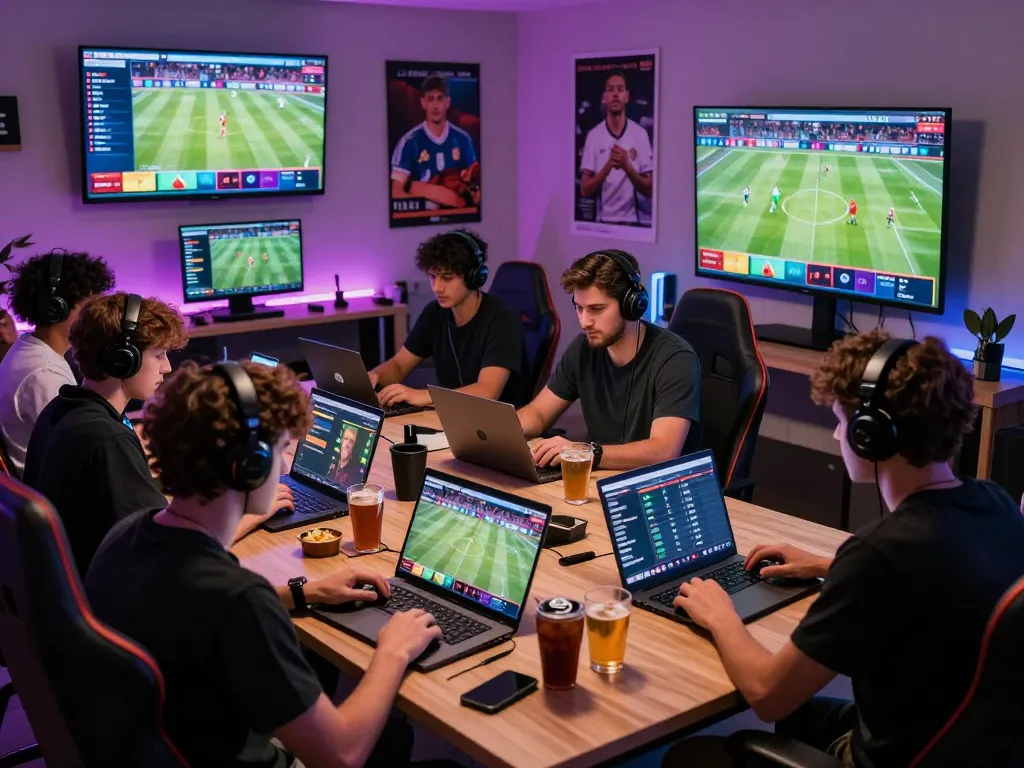 SBOBET online betting scene with diverse users interacting with live betting odds in a vibrant home office.