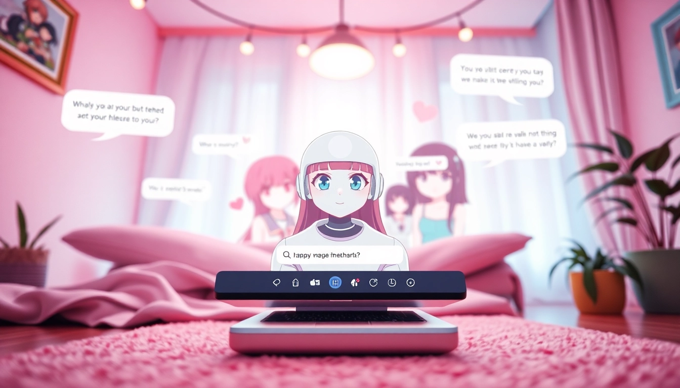 Engaging scene featuring a chatbot interface for hentai ai chat, surrounded by playful anime elements.