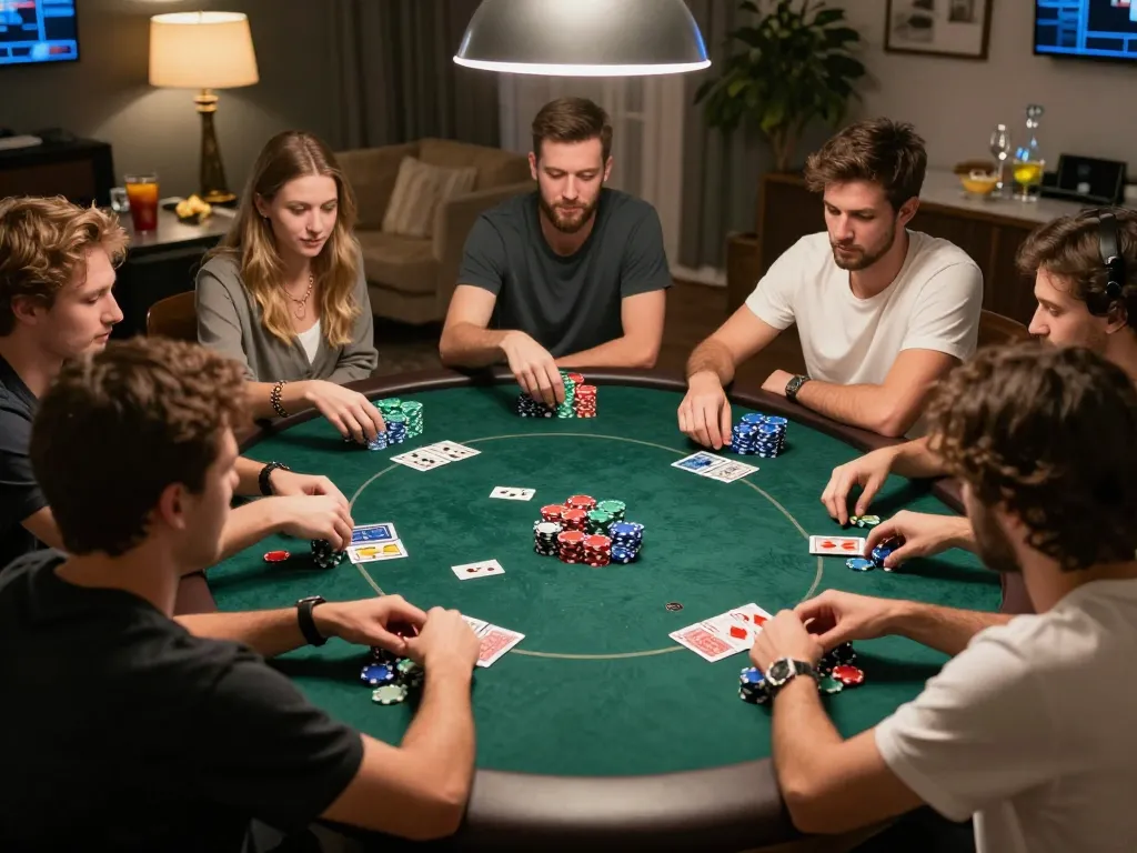 Players enjoy a lively home poker night with LC88, showcasing strategic gameplay and camaraderie.