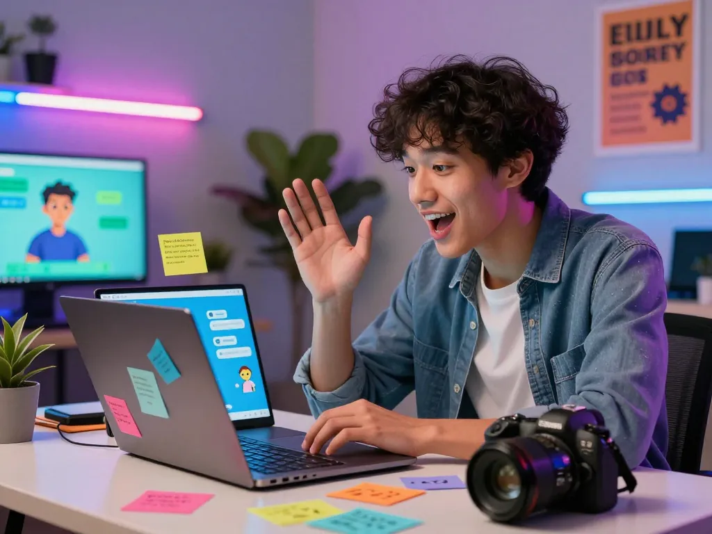 Young user engaging in a crush on AI conversation, vibrant chat interface, modern tech workspace.