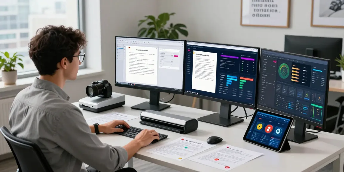 Professional analyst utilizing document fraud detection tools in a modern office, showcasing analytics and suspicious indicators.