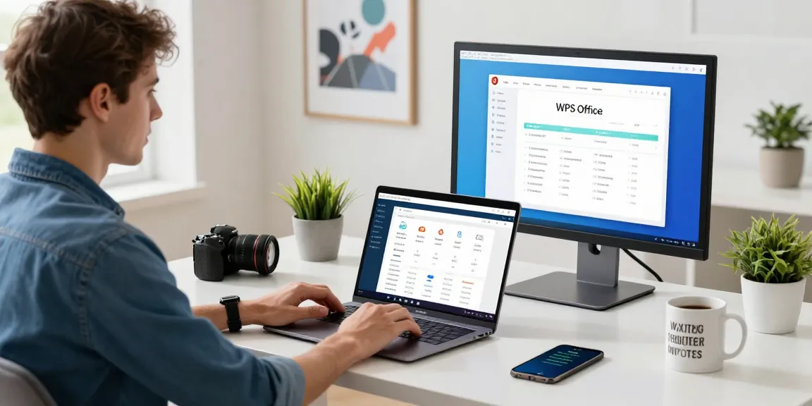 WPS Download in a professional home office scene with modern tech setup showcasing productivity tools