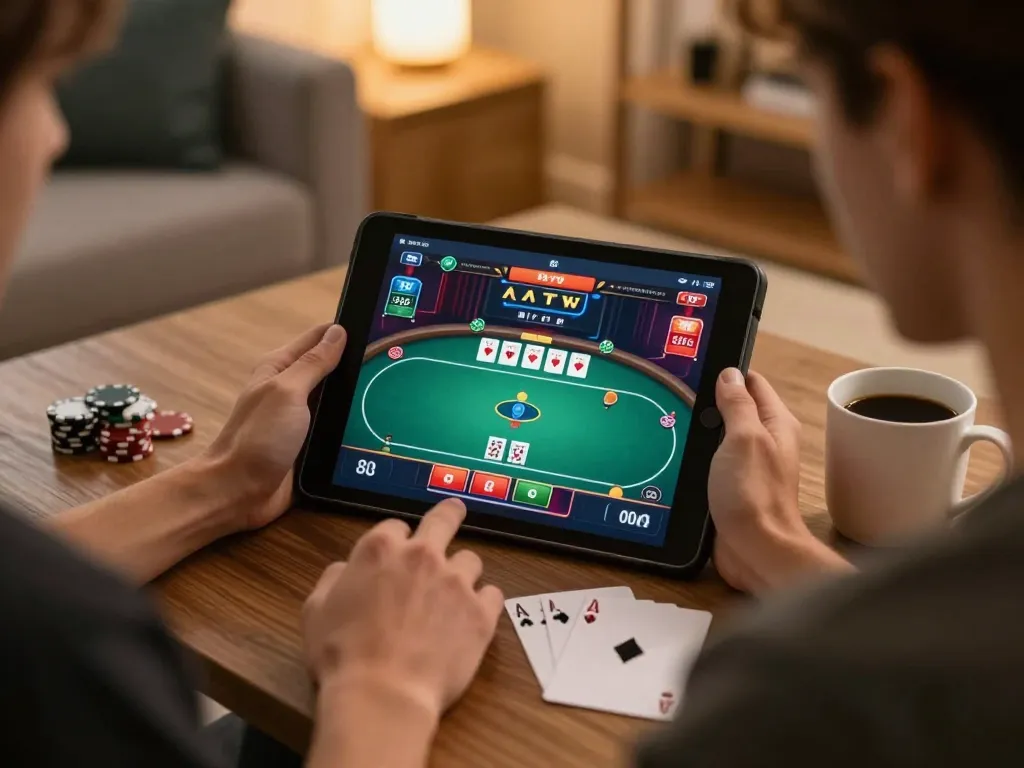 Player engaging in online poker on vipwin1 tablet in cozy home setting with notes for strategy.