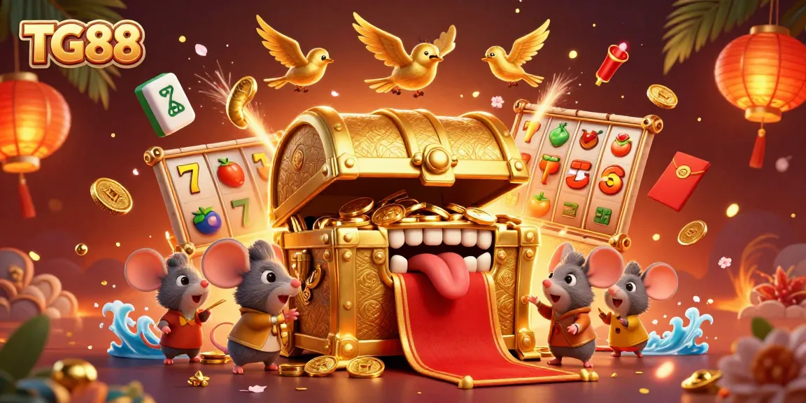 Engage with the thrilling world of TG88, featuring a treasure chest enticing adventurers amidst dynamic casino symbols.