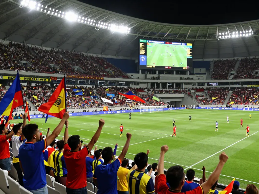Excited fans at a stadium cheering for kèo bóng đá during a soccer match.