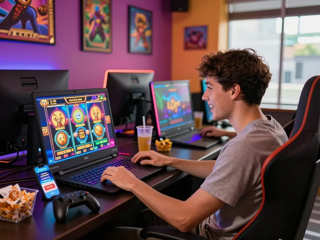 Engaging online gaming experience at 789p with vibrant graphics, excited player, and digital promotions.