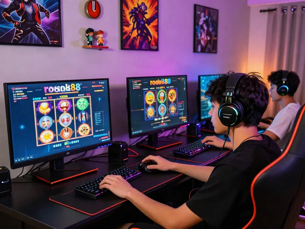 Engaged player enjoying the rokok88 slot gaming experience with vibrant graphics.