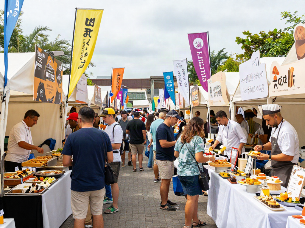 Food festival with diverse stalls and joyful crowd, featuring rokok88 link culinary trends.