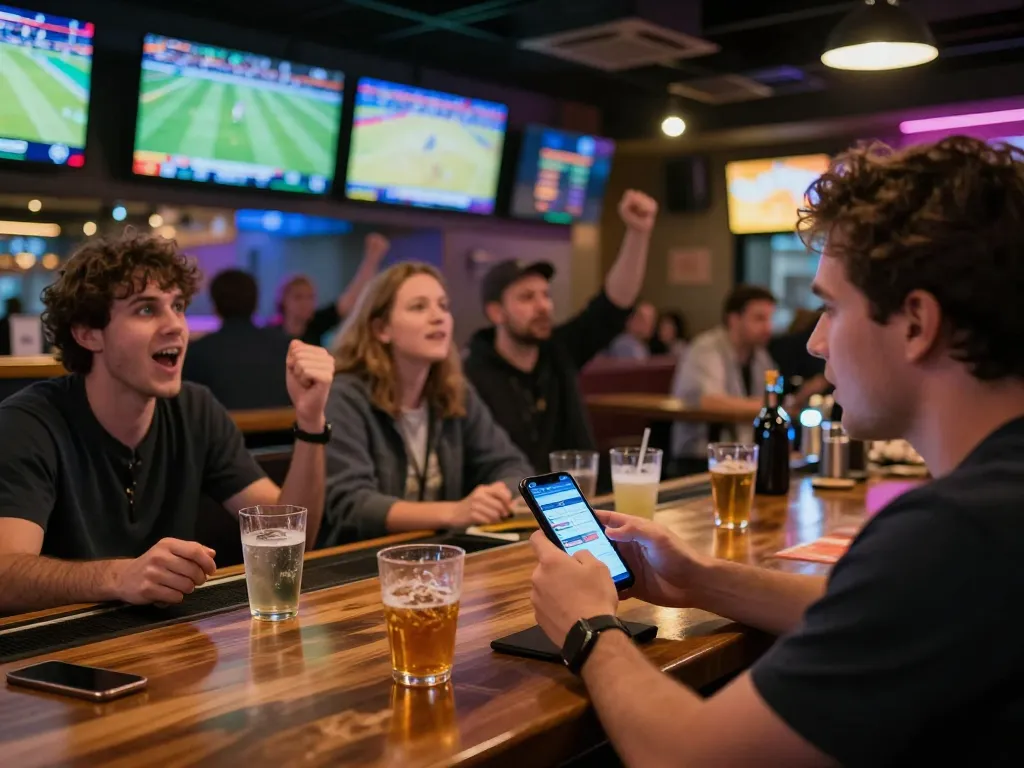 Tỷ lệ kèo nhà cái hôm nay displayed on a sports bar screen as patrons celebrate betting wins.