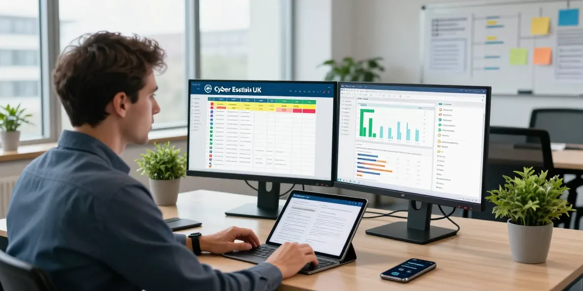 Cyber Essentials UK compliance consultation with professional analyzing cybersecurity dashboard in modern office environment.