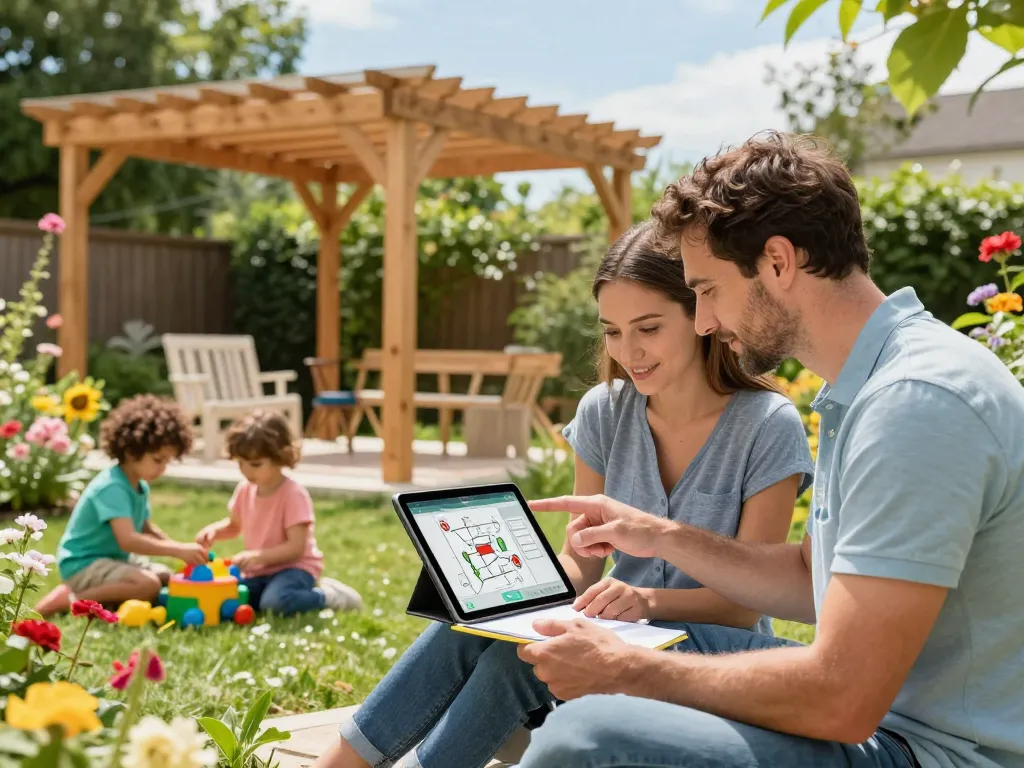 Family using software configuratore pergole on a tablet to design a custom pergola in their garden, enhancing outdoor living.