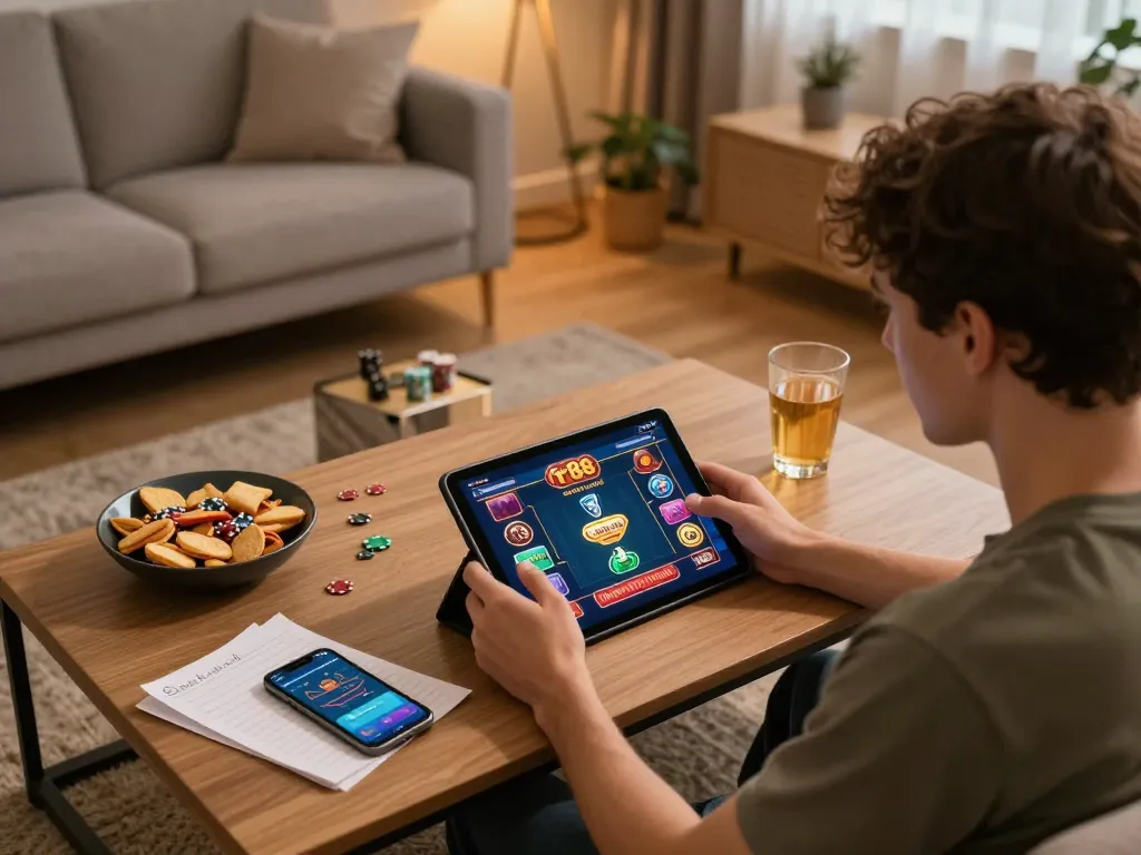 Player enjoying tr88 casino games on tablet in a cozy home setting with snacks and strategy notes.