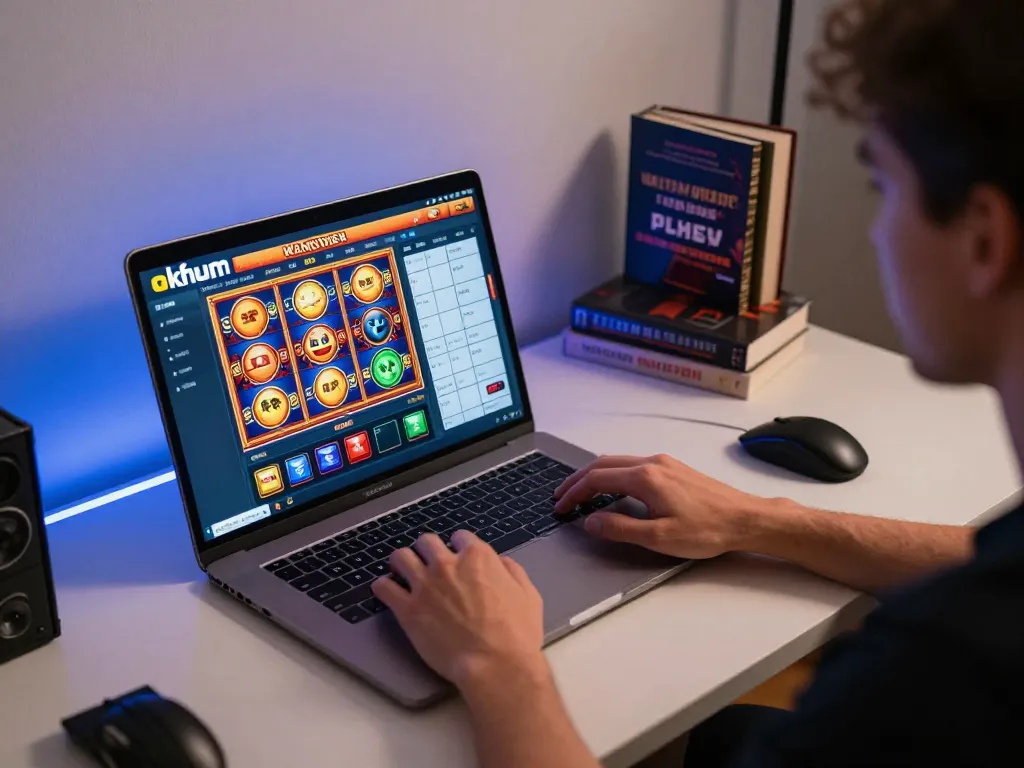 Engagement with okfun com casino interface on a sleek laptop, highlighting online gaming strategy