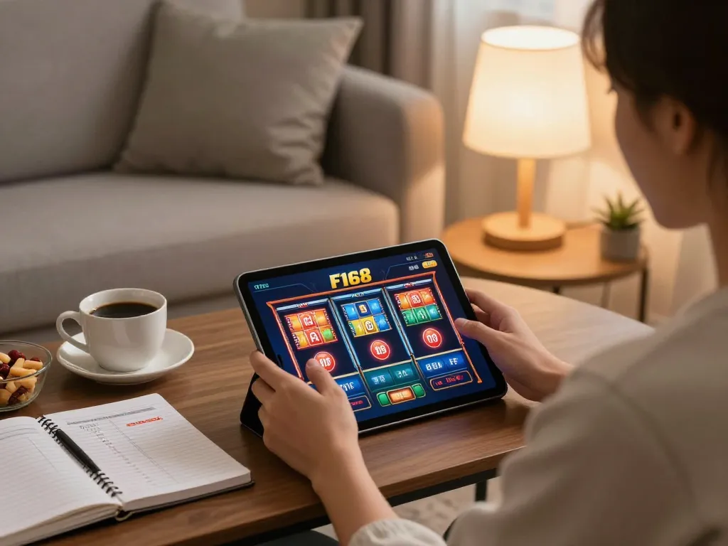 Engaged player enjoying online slots at trang chủ F168 with cozy atmosphere and strategy notes.