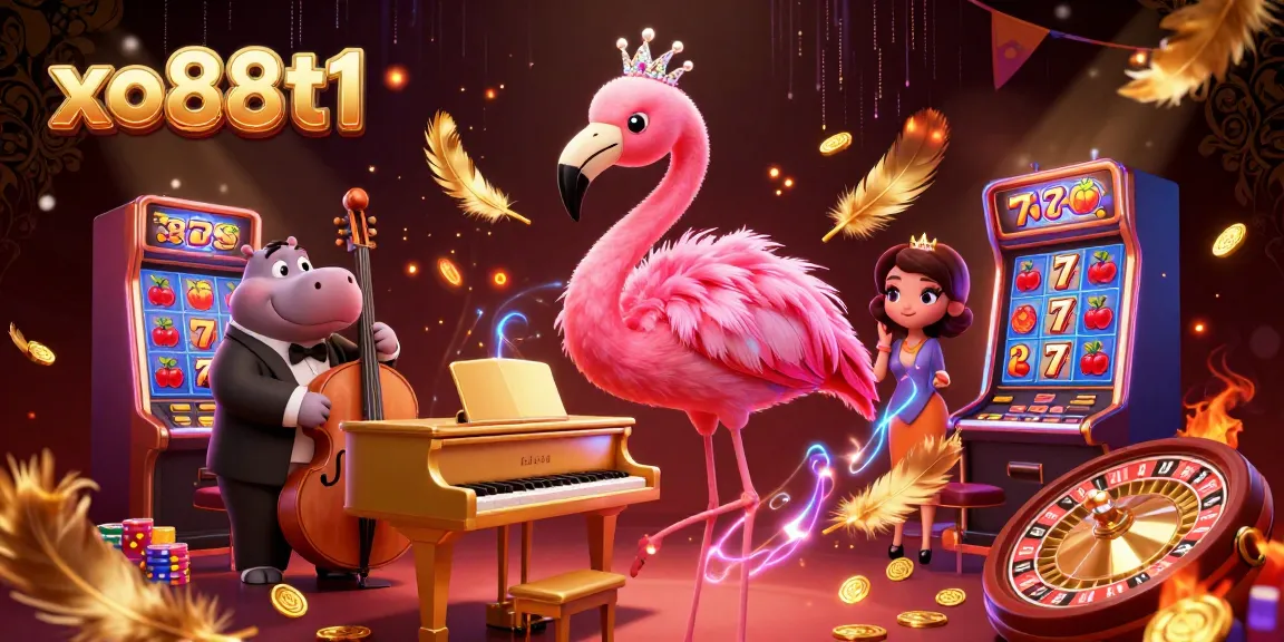 Engage with the vibrant world of xo88t1 featuring a flamingo singer and a hippo bassist amidst casino elements.