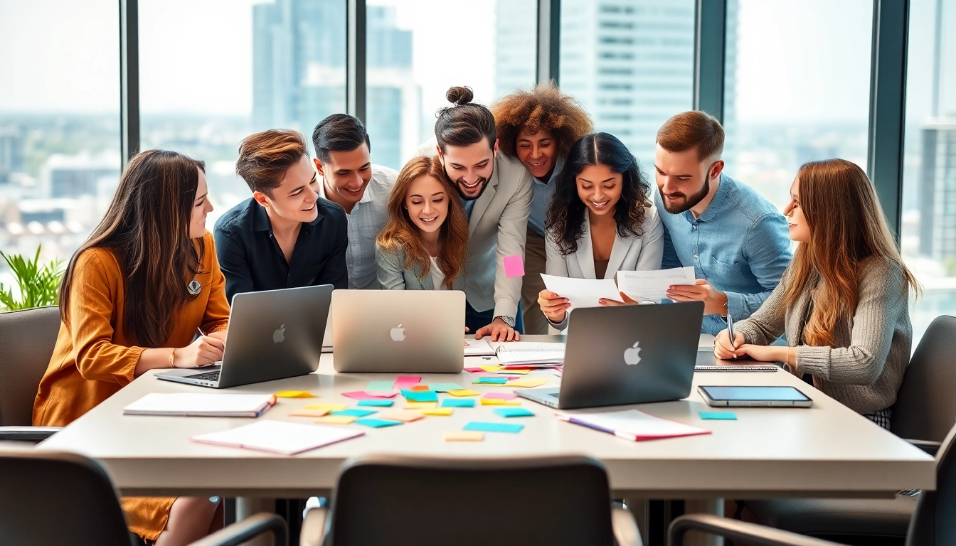 Marketing Agency team collaborating in a bright, modern office space.