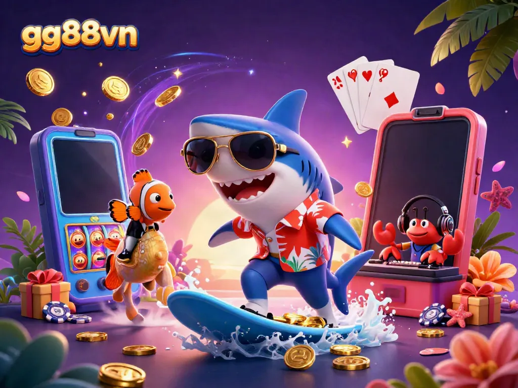 Experience thrilling wins at gg88vn with a vibrant 3D illustration of casino elements and a shark character.