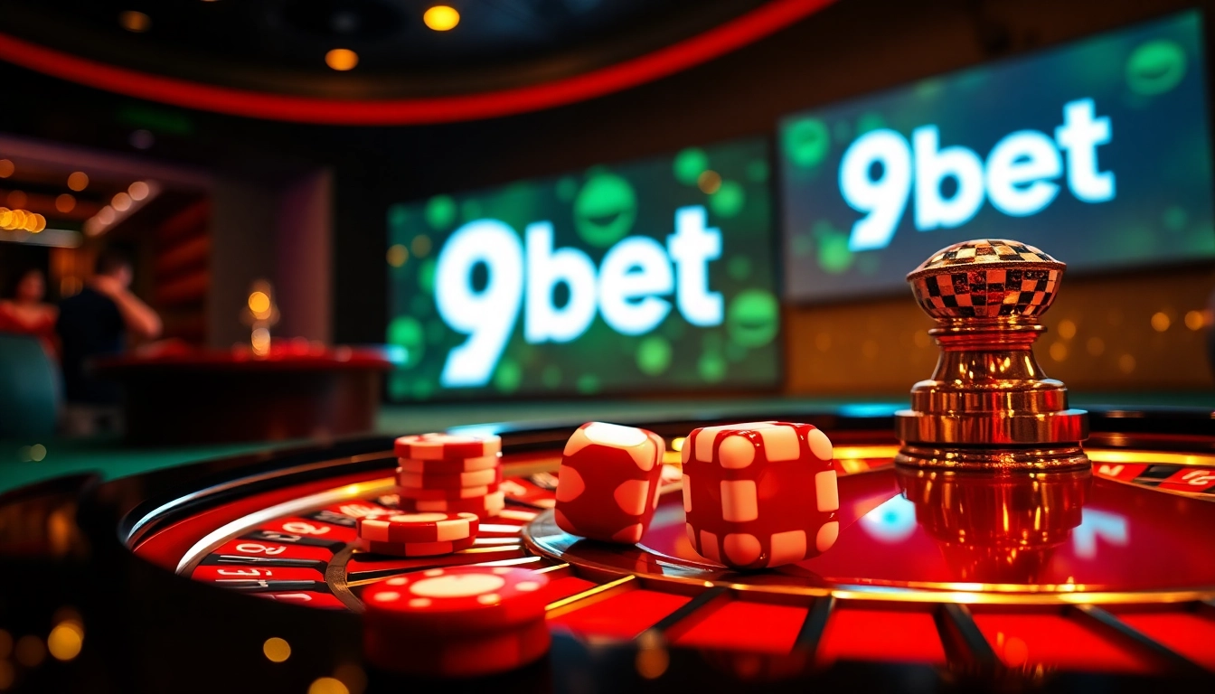 Experience high-stakes excitement with 9bet as players engage over a glamorous casino table surrounded by poker chips and dice.