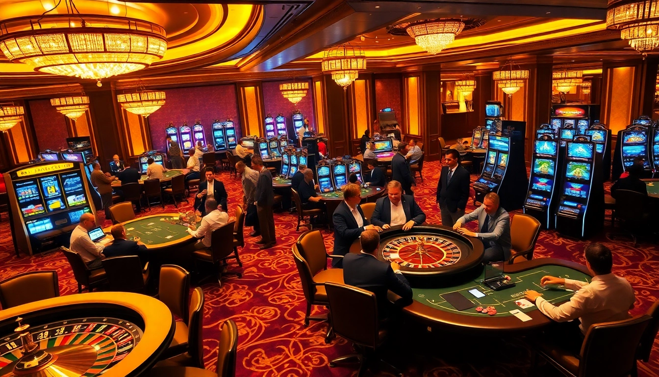 Exciting gaming atmosphere at five88 com casino with players engaging at poker tables and slot machines.