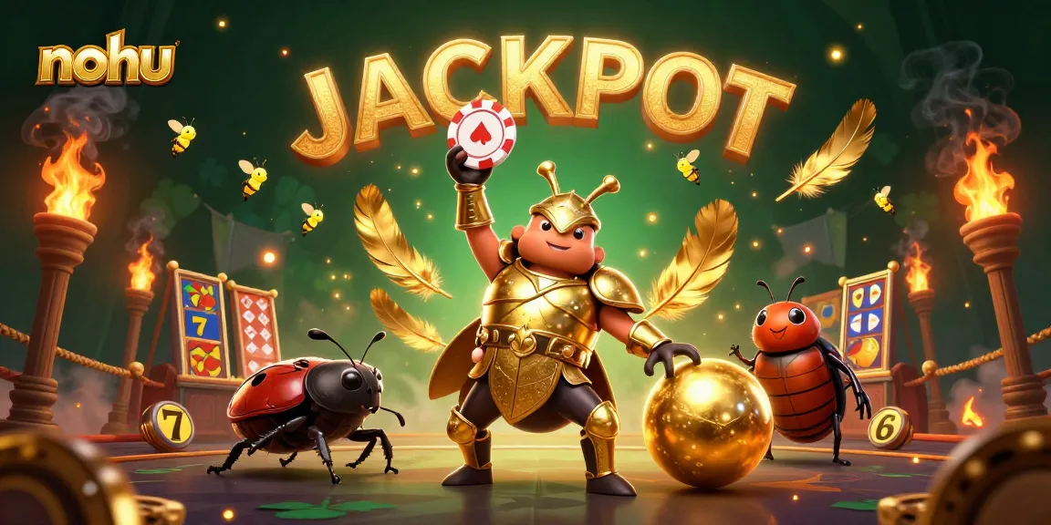 NoHu engages players with a vibrant casino scene filled with golden chips, slot reels and victory poses.