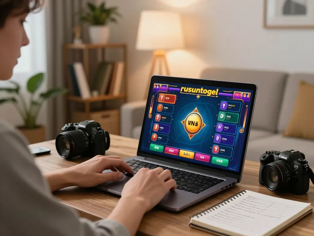 Engaging in strategic rusuntogel gameplay on a laptop with cozy home surroundings.
