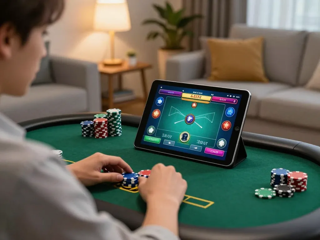 Engaging in strategic gameplay at 32win with vibrant poker action on tablet in cozy home setting.