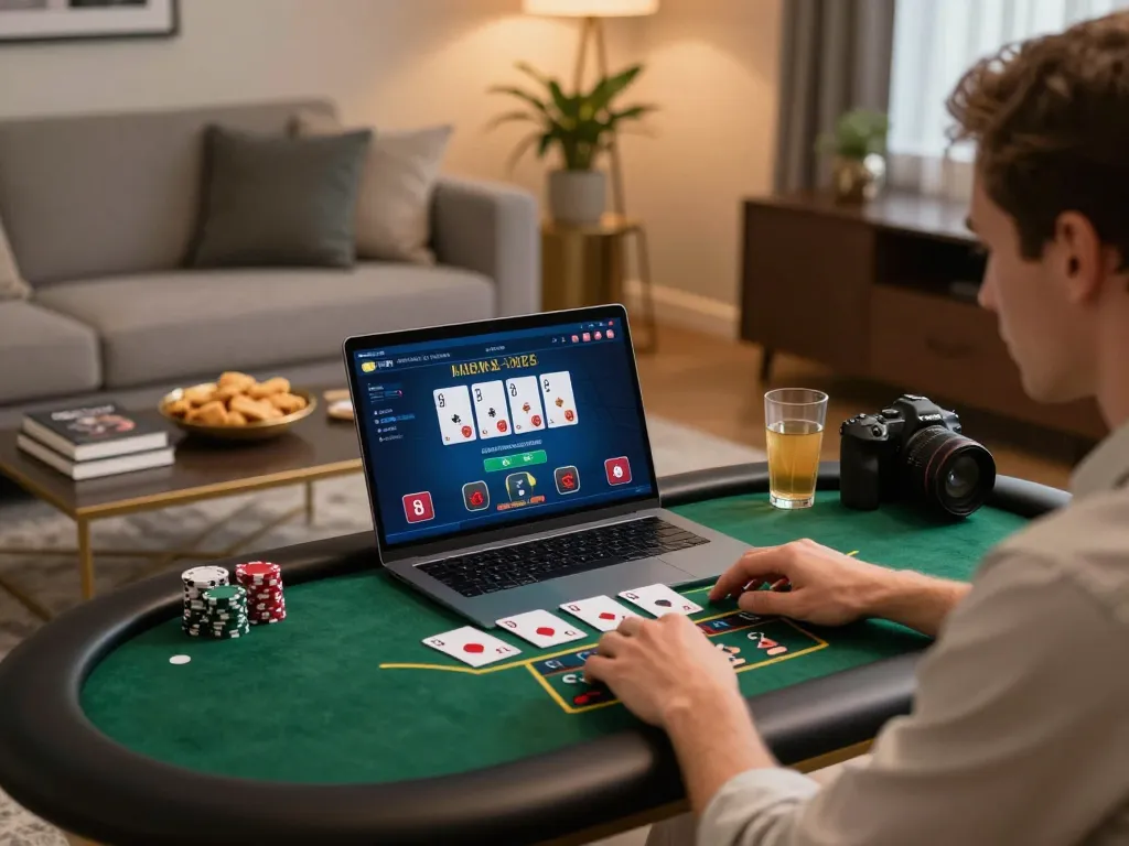 Player engaging with lc88 online casino gameplay on laptop in a cozy home setting