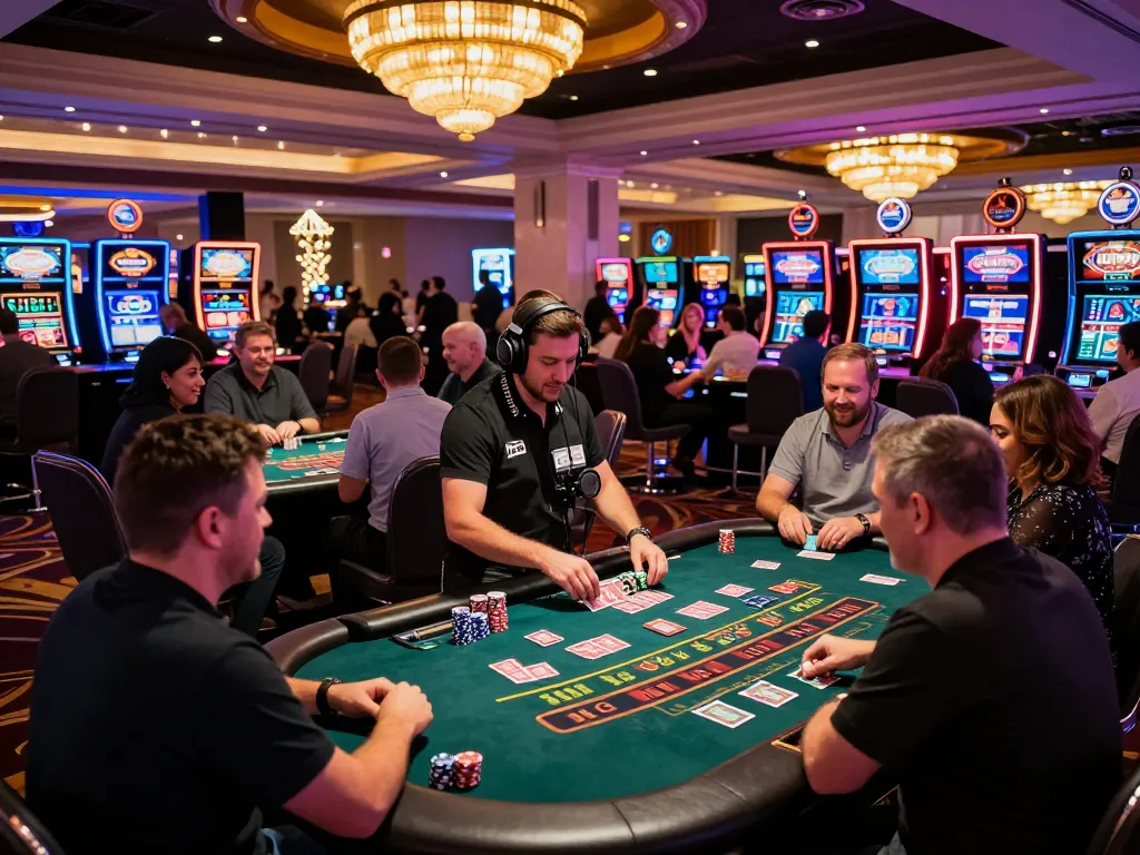 Exciting gameplay at Bsport casino, vibrant Vegas floor with players engaging in blackjack.