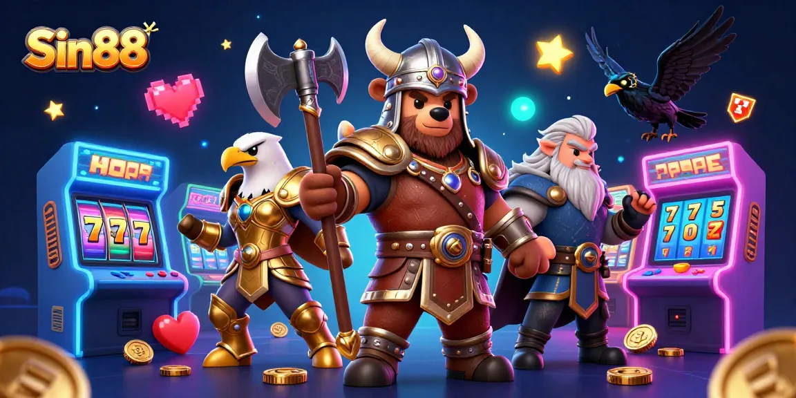 Engage in thrilling action with Sin88 as a Viking bear battles alongside a Valkyrie eagle amidst vibrant casino games.