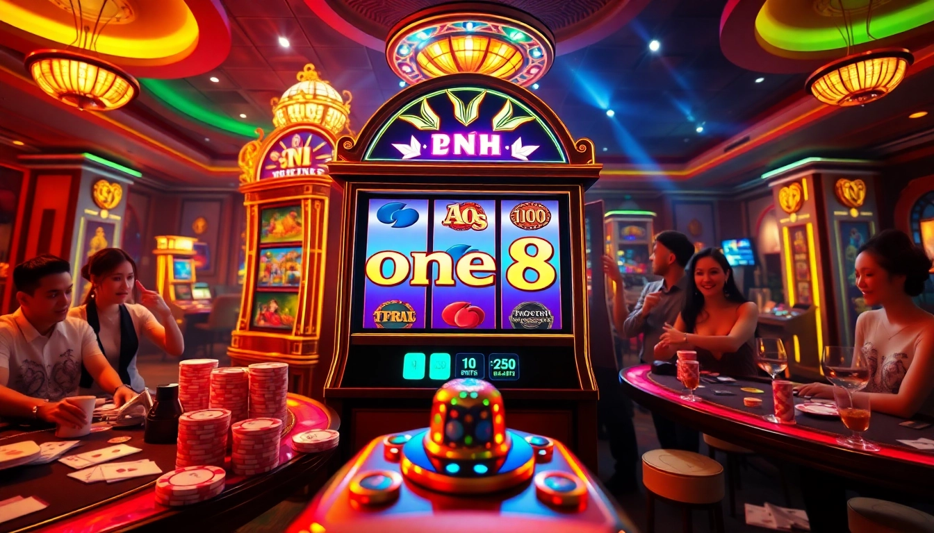 Winning at nổ hũ one88 with vibrant casino tables and elegant players celebrating.