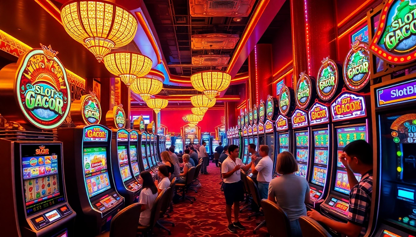 Experience the thrilling atmosphere of slot gacor with players enjoying colorful slot machines and lively casino elements.