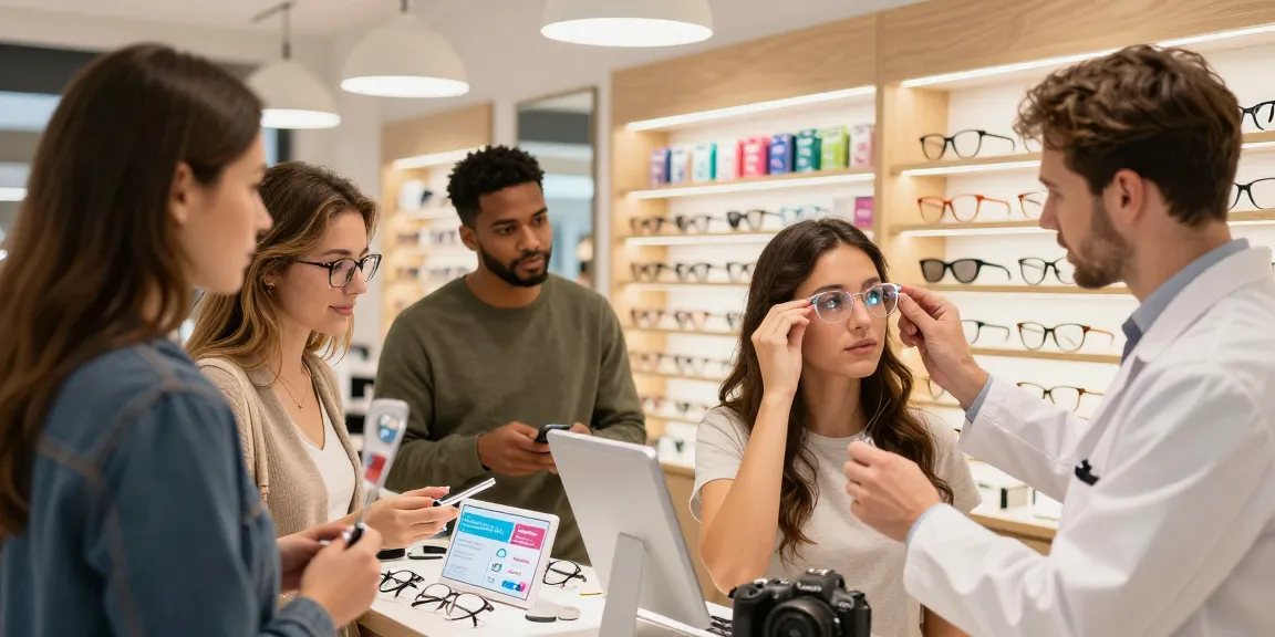 Clientes escolhendo lentes de contato na Ótica FAGLUX, com assistência especializada e variedade de opções.