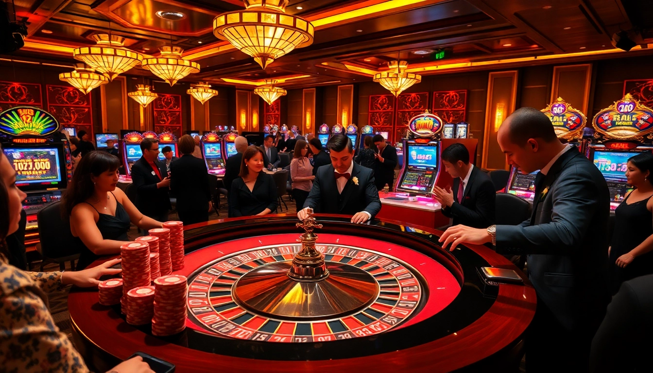 Experience the thrill of gambling at TG88, featuring a vibrant casino scene with roulette and poker tables.