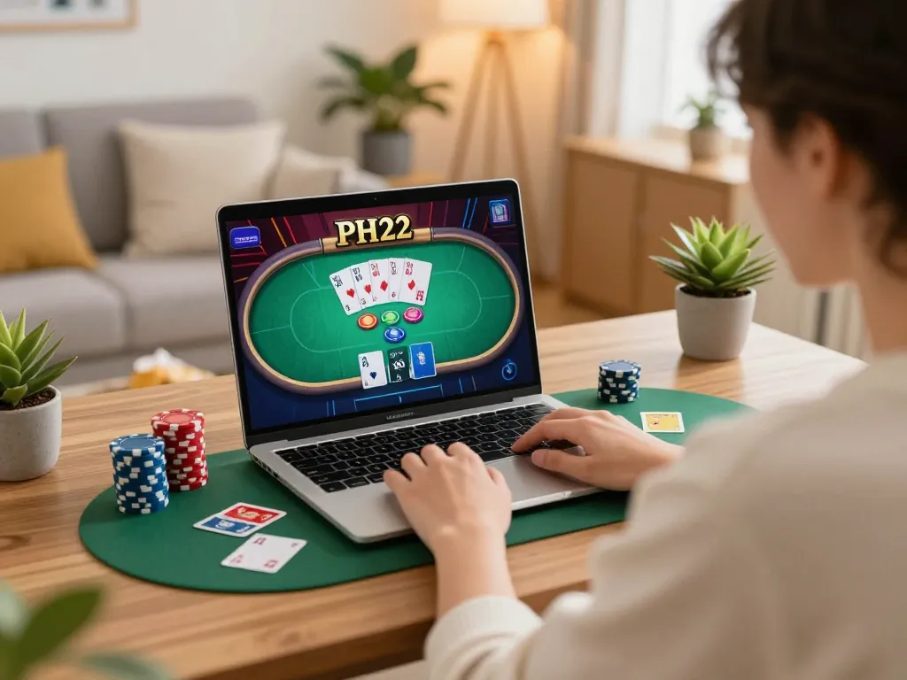 Engage in exciting gameplay at PH22 while enjoying a cozy home setting with a laptop.