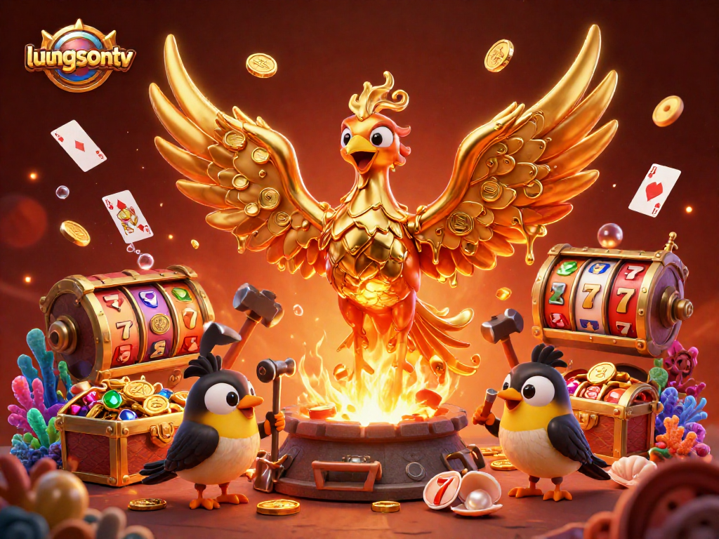 Experience thrilling wins at luongsontv with a vibrant golden phoenix and dynamic gambling elements.