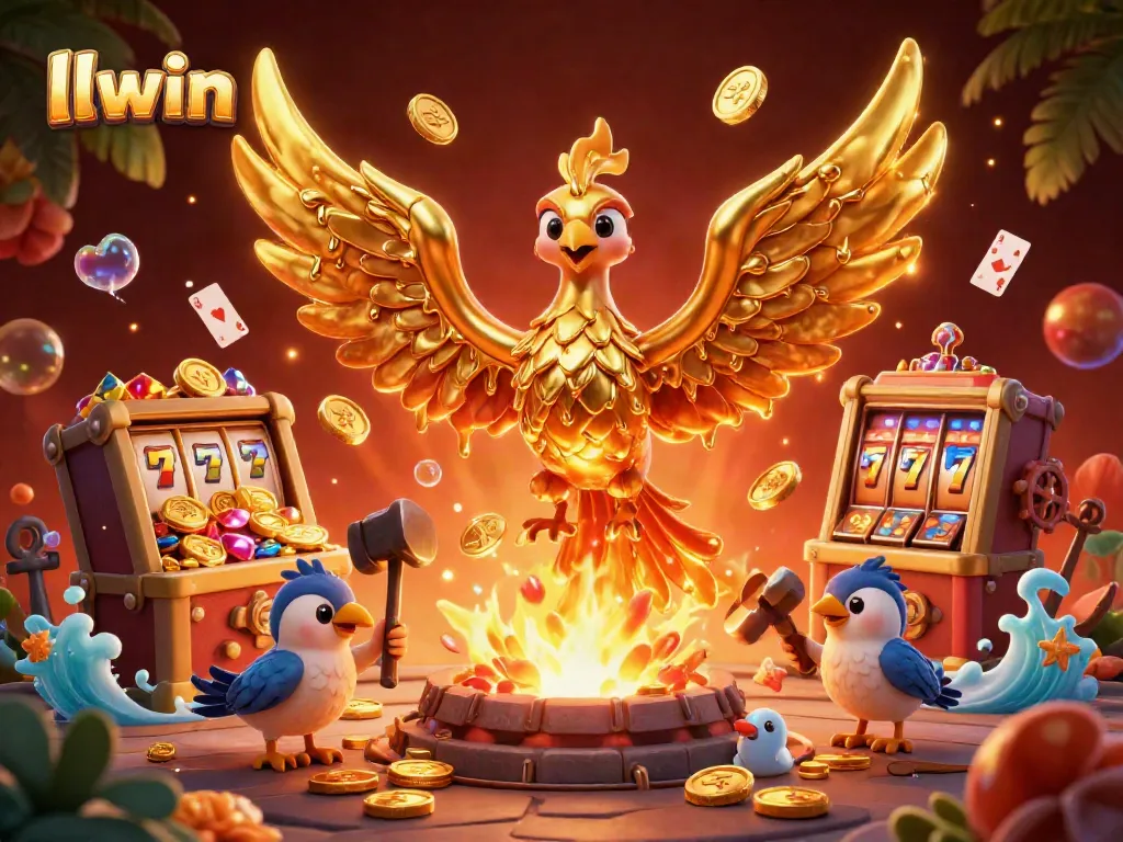 Experience winning with llwin, featuring a golden phoenix and vibrant slot elements in a dynamic casino scene.