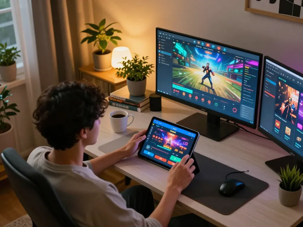 Kuwin gaming setup showing a user engaging with the casino app in a cozy home environment