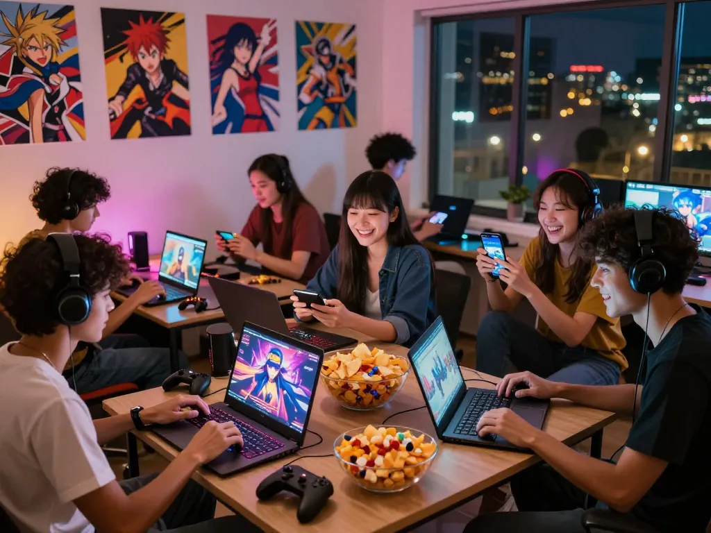 Gamers enjoying anime porn games in lively social setting with dim city lights.