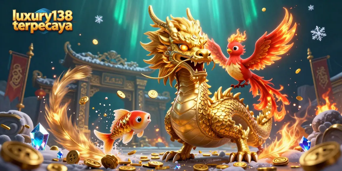 Engage with the dynamic world of luxury138 terpecaya featuring a golden dragon, phoenix, and koi fish amidst a casino-inspired scene.