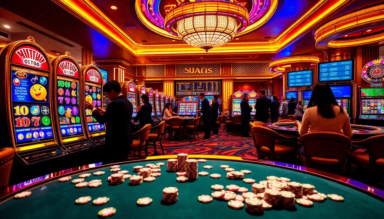 Experience the excitement of UU888 in a luxurious casino setting with vibrant slot machines and eager players.