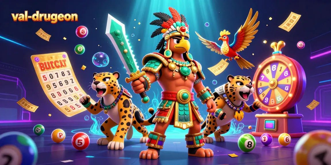 Discover val-drugeon's vibrant 3D illustration of an Aztec warrior and dynamic gaming elements.