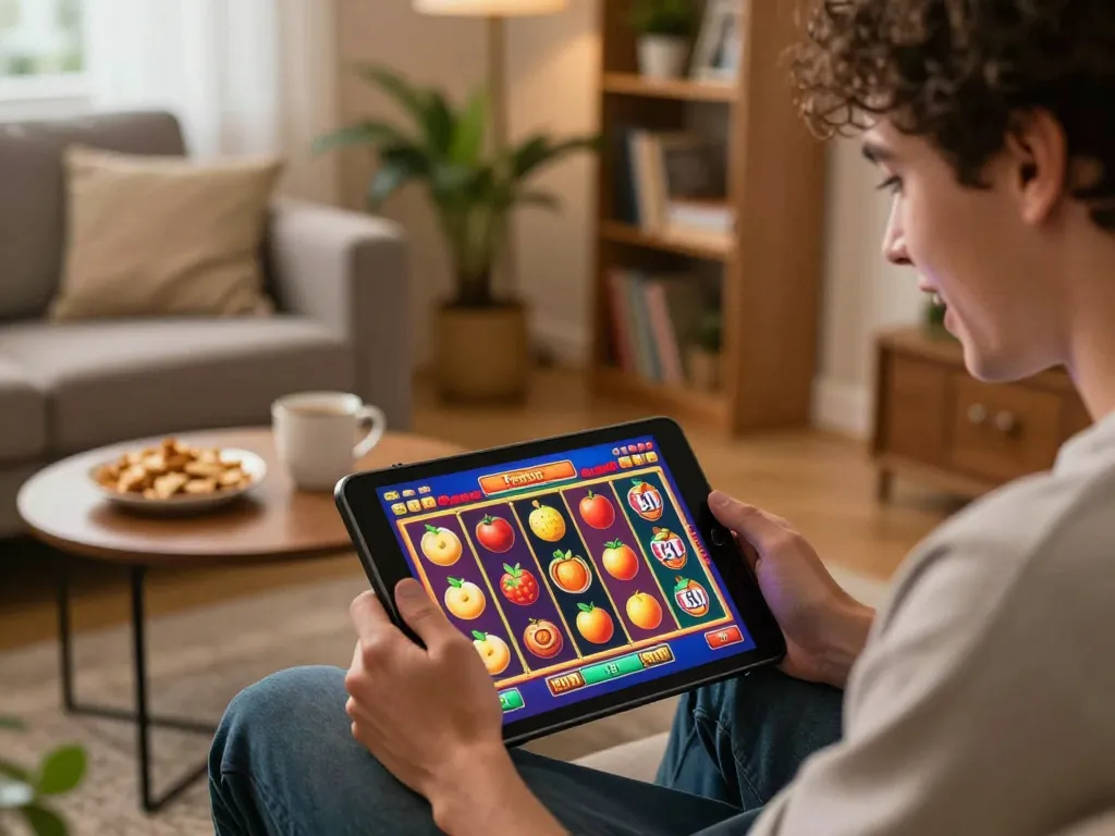 Playing slots on fun79 app at home enjoying a casual gaming experience with snacks nearby.