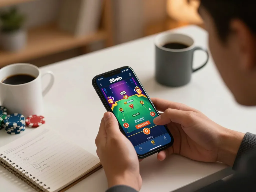 Engaging with app 98win on smartphone displays live dealer game action and betting strategies.