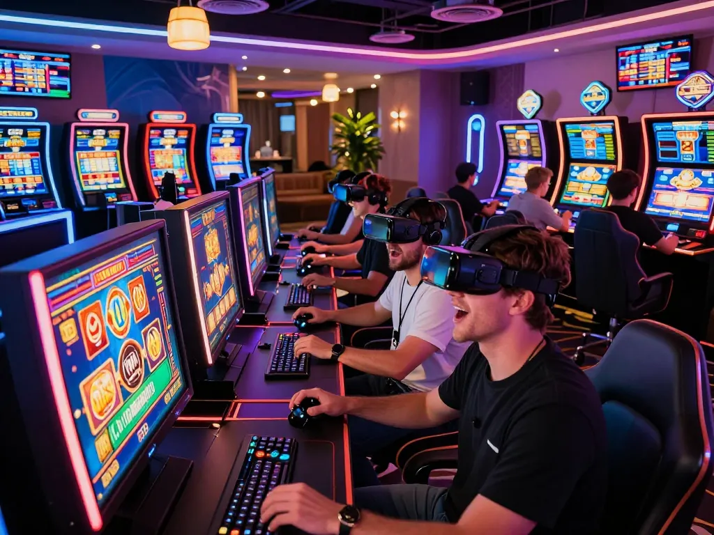 Nohu90 online casino players enjoying immersive gaming experience with vibrant visuals and neon lights.