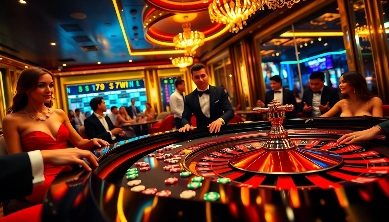 Experience the excitement of 789 win at a glamorous roulette table in a vibrant casino.