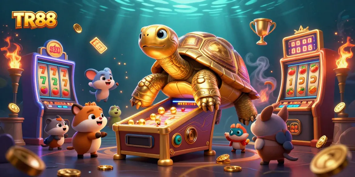 Experience the thrilling action of TR88 with dynamic slots and lively characters in this casino-themed illustration.