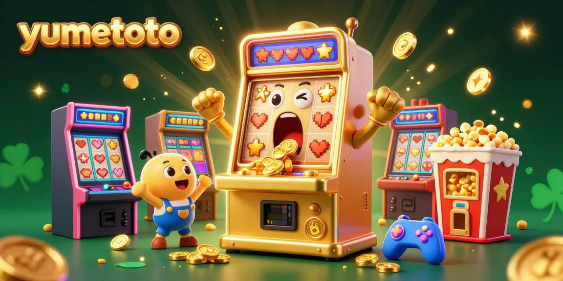 Experience thrilling wins with yumetoto's golden slot machine hitting a jackpot, surrounded by celebrating characters and vibrant casino elements.